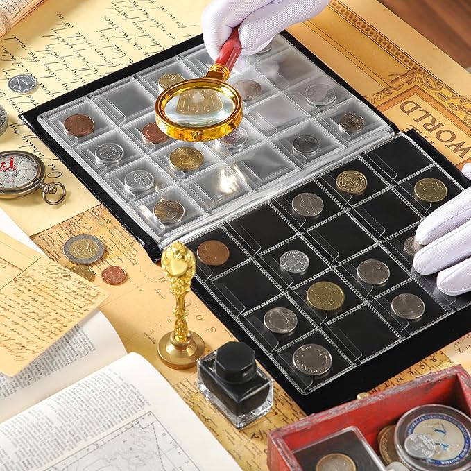 200 Pockets Coin Album - Coin Collecting Book with 10 Pages, 33x33 mm Grid Holder for Pounds Pence Cents Dollars Nickel (Red) CS48200RE