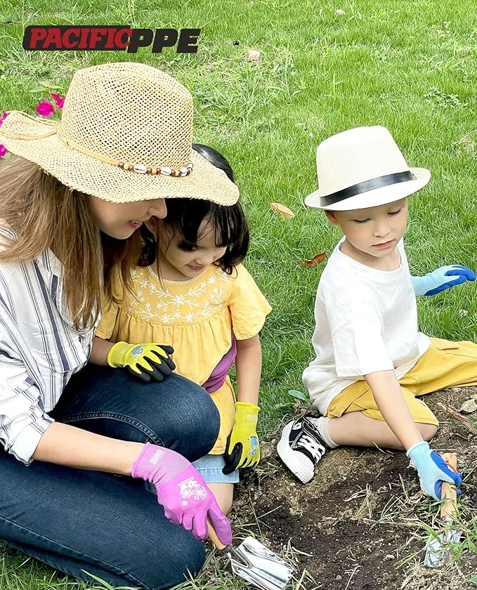 PACIFIC 3 Pairs Kids Gardening Gloves for Age 5-9, Toddler Rubber Coated Garden Gloves, Kids Work Gloves, for Children, Boys and Girls, Multicolor, XXS