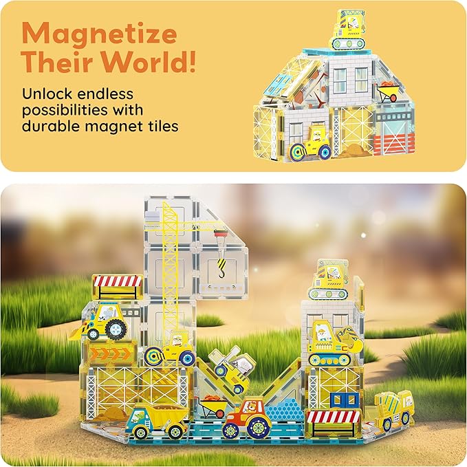 PicassoTiles Magnet Tiles Magnetic Building Blocks with 8 Construction Vehicles Crank Truck Excavator Bulldozer Road Roller Concrete Mixer Tractor Dump Truck Forklift Toys Learning Kids Ages 3+ PTQ11