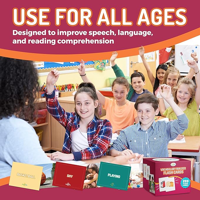 299 Vocabulary Builder Flash Cards, Educational Photo Cards for Home, Speech Therapy Materials, ESL Teaching Materials Includes Emotions, Matching Go Togethers, Nouns, Opposites, Prepositions, Verbs