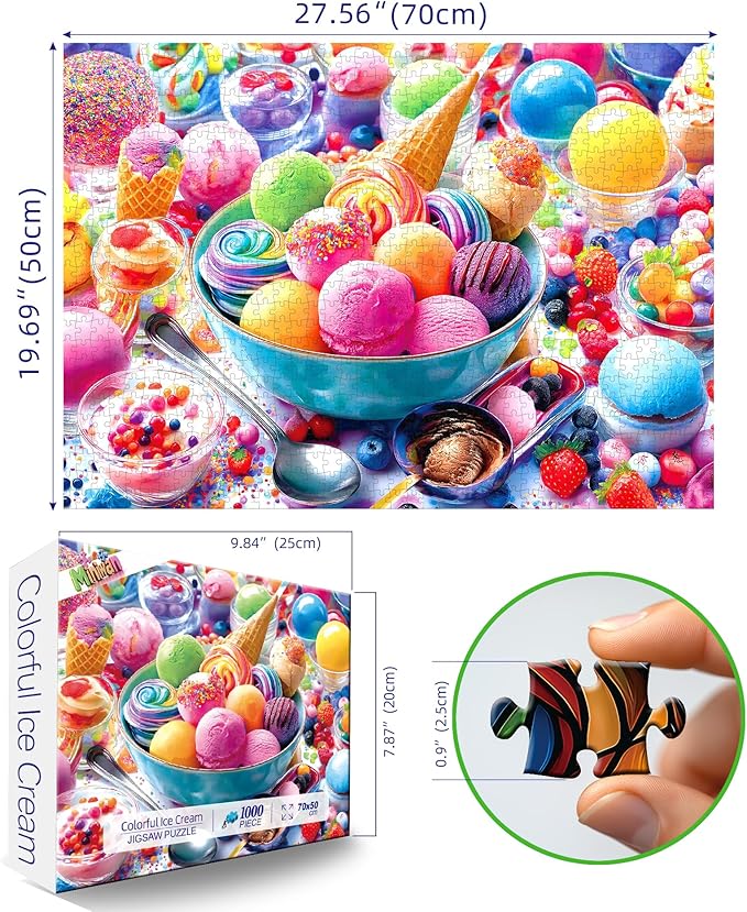 Ice Cream Sweets 1000 Piece Jigsaw Puzzle for Adults Vibrant Summer Dessert Adult Jigsaw Puzzles Cool Unique Letters on Back Fun Family Challenging Puzzle Gifts for Adults Senior (27.6"x19.7")