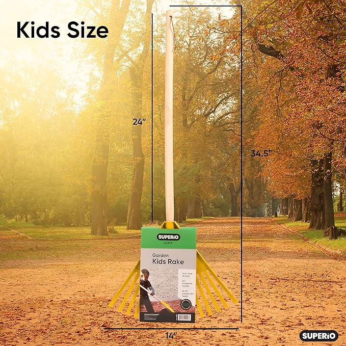 Pack of 2 Kids Rake with Hardwood Handle, Durable Plastic Head to Sweep Leaves in Lawn and Tidying Up The Garden, 34" (Yellow)