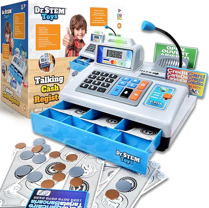 Dr. STEM Toys | Talking Toy Cash Register | STEM Learning 69 Piece Pretend Store with 3 Languages, Paging Microphone, Credit Card, Bank Card, Play Money and Banking for Kids (Silver)