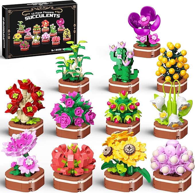Flowers Bouquet Building Set, 1001 PCS Botanical Collection with Roses, Sunflowers etc. 12 Pack Mini Bonsai Block Toy, Gift for Kids 6+ & Adults for Christmas, Mother's Day, Valentine's Day