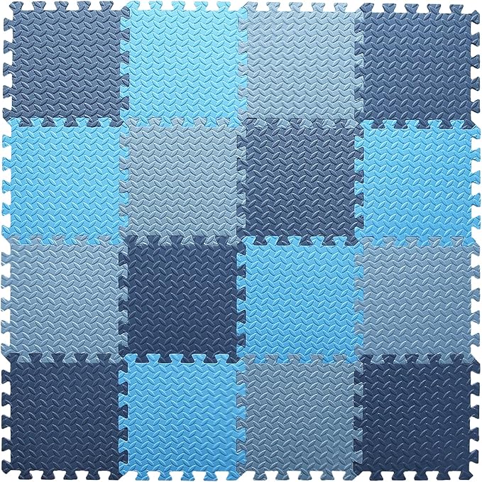 Foam Play Mat for Baby, 0.4 Inch Thick Foam Interlocking Floor Mats, Soft Non-Toxic Baby Playmat, Solid Colored Puzzle Play Mat Kids Floor Mats, 16 Tiles, Dark Blue/Blue/Gray Blue
