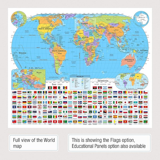 US & World Primary Laminated Classroom Map Pack by BrightWay Educational | 36" x 30" Educational Wall Maps | Grades 1-5 | Bright Colors & Large Fonts | Geographical Features | National Capitals & Major Cities (With Flags)