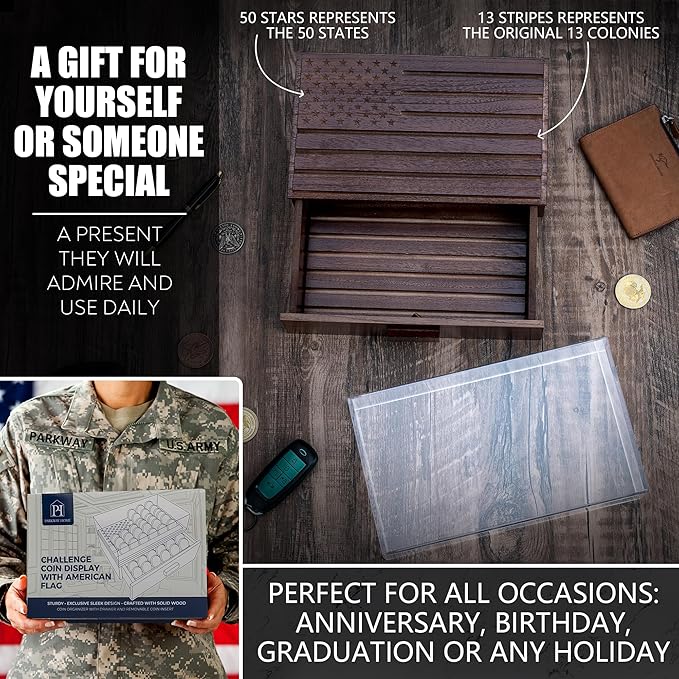 Military Challenge Coins Display Holder with American Flag and Clear Cover - Solid Wood Challenge Coin Stand with Drawer, Challenge Coin Display Case for Collector, Military Coin Holder Rack for Desk