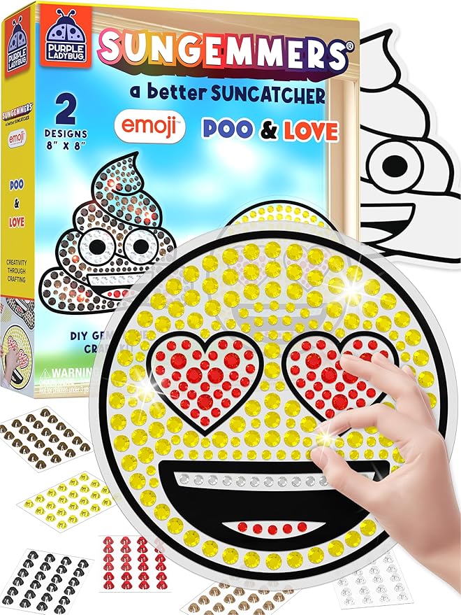 SUNGEMMERS DIY Gemstone Craft Kit – Emoji Poo & Love Designs - Arts and Crafts for Kids Ages 6-12 Girls & Boys - Suncatcher Kit for Girls Birthday Gifts, Summer Toys, Window Diamond Art