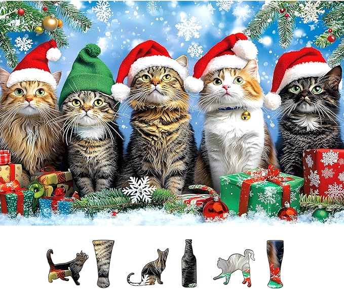 500 Piece Christmas Jigsaw Puzzle for Adults - Cute Cats in Santa Hats & Elf Hat with Unique Shaped Pieces, 23x15 Inch Holiday Puzzle for Home Decor