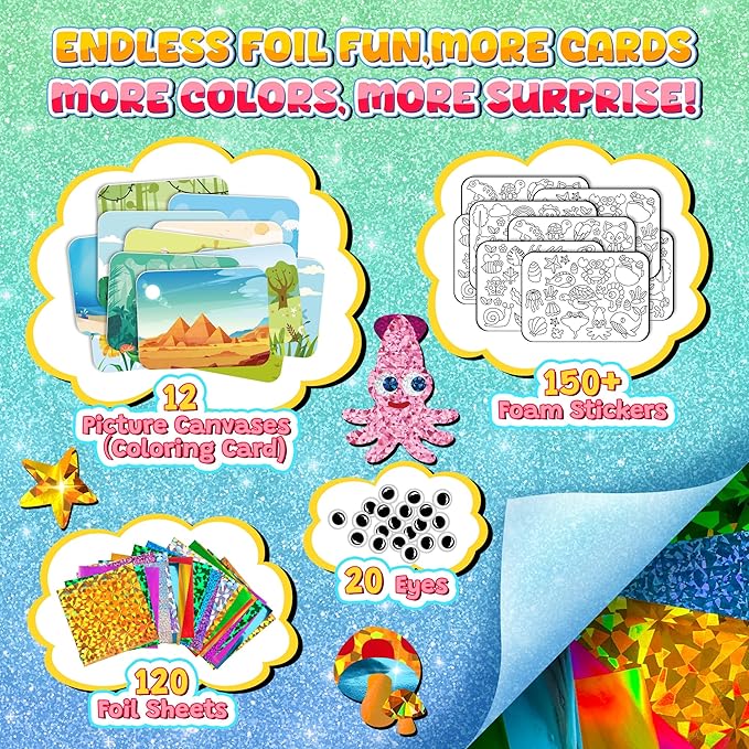 sinceroduct Foil Art Kit for Kids, Foils Arts and Crafts for Kids Age 4-8,Travel Toys Supplies,Foil-Foam Stickers,Birthday Gifts for Boys & Girls,Mess Free Coloring Card Set.