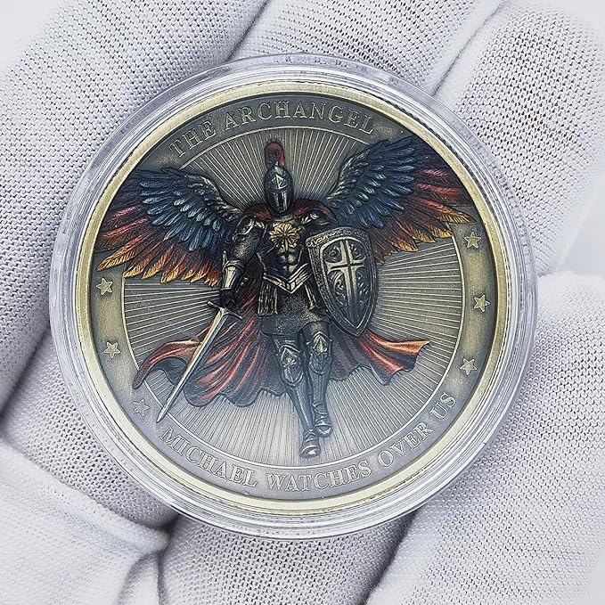 Archangel Michael Challenge Coin Religious Art Collectible with Inspirational Scripture Psalm 91:10 – 11 (Pack of 3)