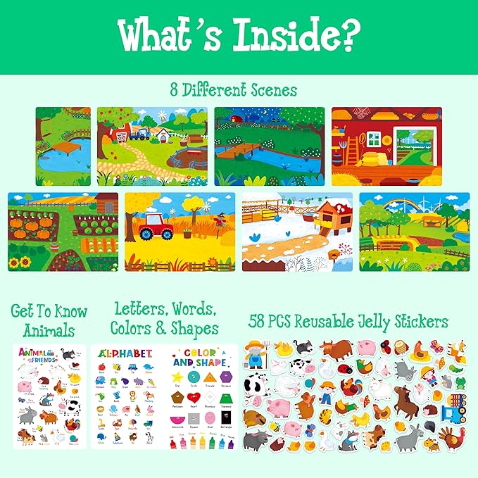 Reusable Jelly Sticker Book, 58 Farm Animals Thick Jelly Stickers Waterproof Gel Cling Decals Farm Themed Busy Book Hands-on Activity Travel Game Educational Learning Toys for Toddlers, Kids