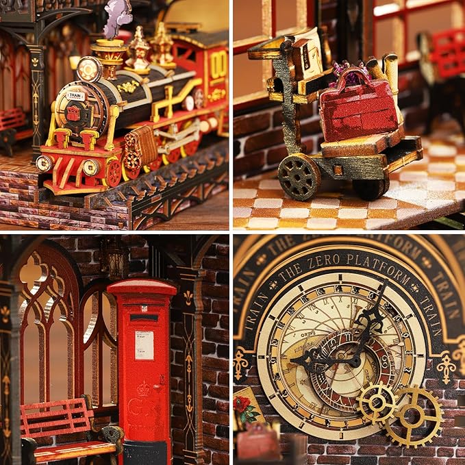DIY Book Nook Kit for Adults - LED Magic Station Book Nook with Steam Train, Mini House Bookshelf Decor 3D Wooden Puzzles with LED Light, Alley Model Build Birthday Gift for Family, Friends