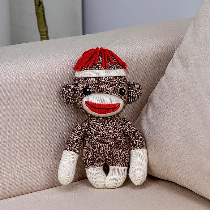 Plushland Adorable Sock Monkey, The Original Traditional Hand Knitted Stuffed Animal Toy Gift-for Kids, Babies, Teens, Girls and Boys Baby Doll Present Puppet 6 Inches (Brown)