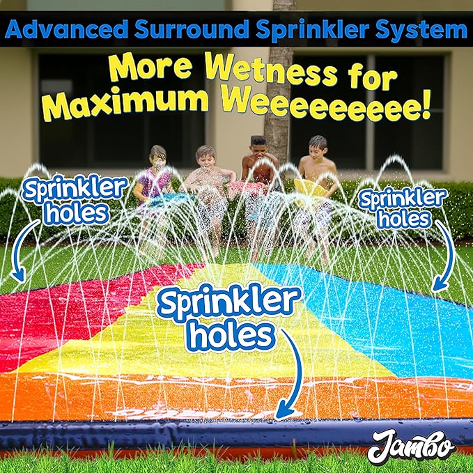 JAMBO 25Ft Premium XXL Slip Splash and Slide with 3 Bodyboards, Heavy Duty Water Slide- Advanced 3-Way Sprinkler System, Splash Mat Splash Pad Backyard Waterslide Outdoor Water Toys n Slides for Kids