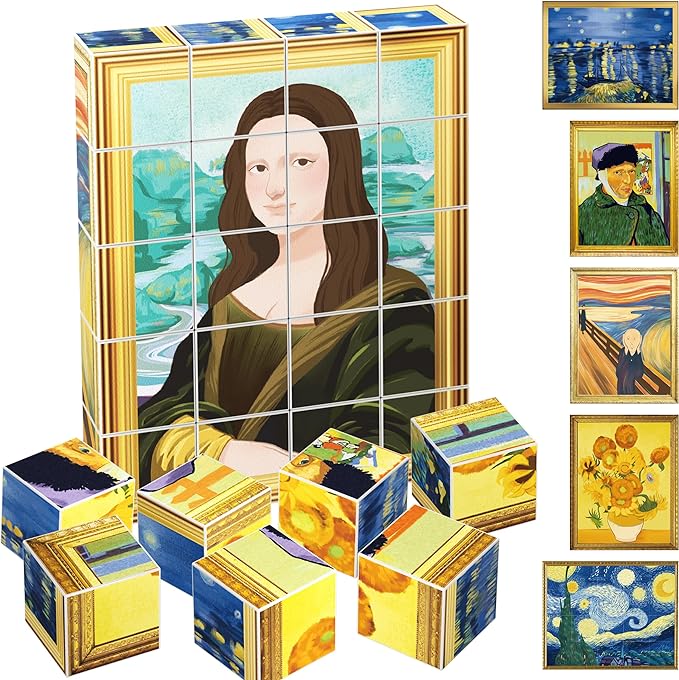 PicassoTiles 20pcs 1” Magnetic Puzzle Building Cubes Blocks for Kids, Van Gogh, Mona Lisa Hand Puzzle, STEM Magnet Toy Mix&Match Educational Popular Art Kids Toys 3+ Year Old boy Girl PMC20