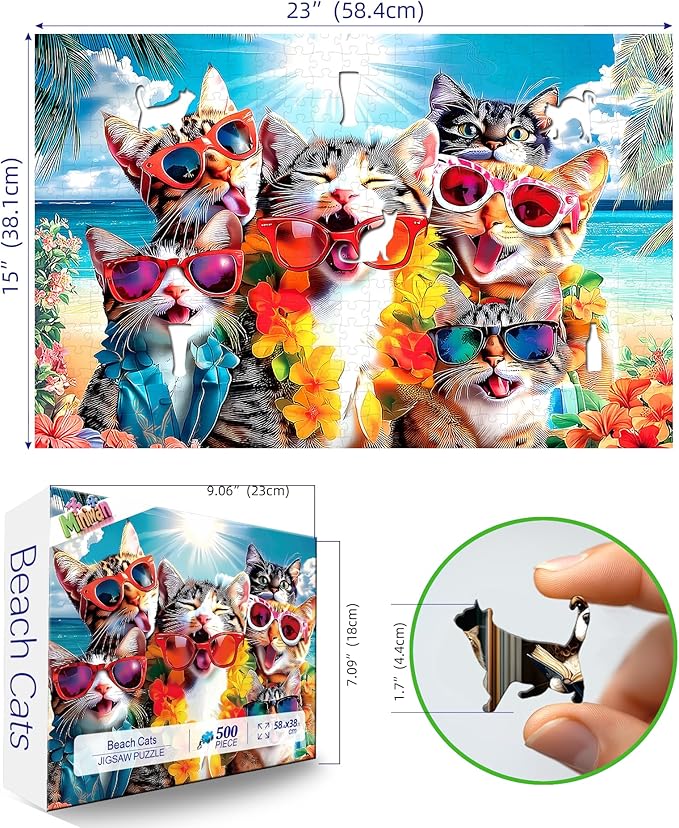 500 Piece Funny Cat Jigsaw Puzzle for Adults - 23x15 Inch Beach Party with Sunglasses & Leis, Unique Fun Puzzles for Home Decor & Gift