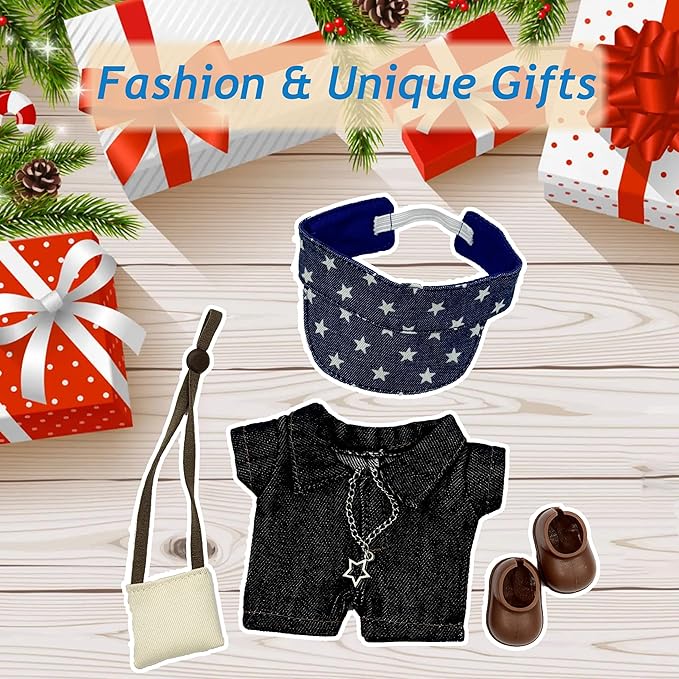 17cm Doll Clothes, Outfits Denim Jeans Set for 17cm Doll, 5 Piece Set Hat Shoes Clothing, Stylish Adorable Dolls Clothes Accessories (No Doll)