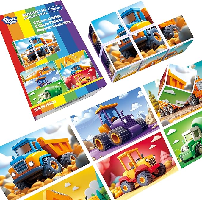 Magnetic Cubic Tiles for Kids, Large Building Blocks 1.65 inch, Engineering Construction Vehicles Puzzle Toy for Toddlers, Sensory & Montessori Magnetic Toys for Kids Ages 3 4 5 6