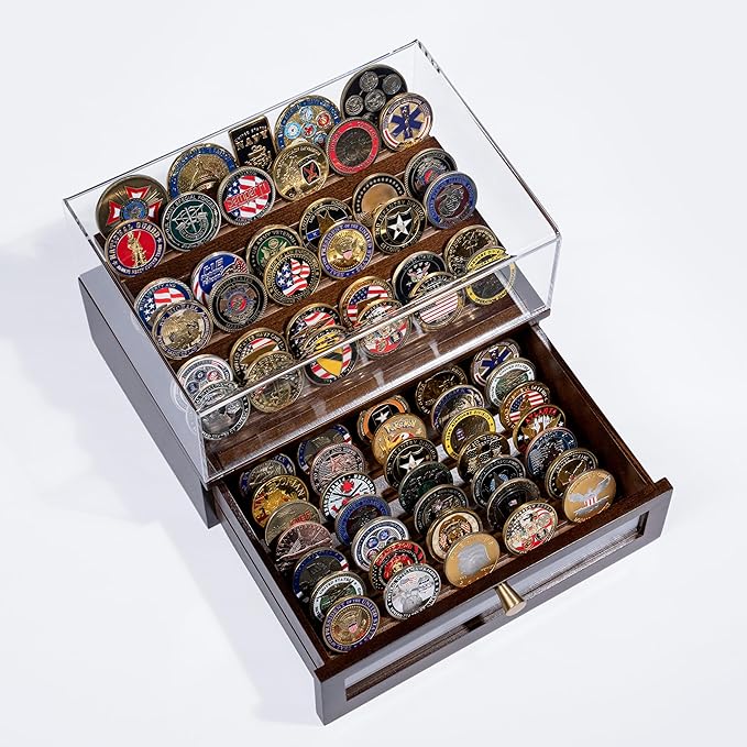 Premium Challenge Coin Display Case for 100 Coins - 360° View & Interchangeable Panels - Military, Police, Fire Fighter Gift for Retirement, Promotion