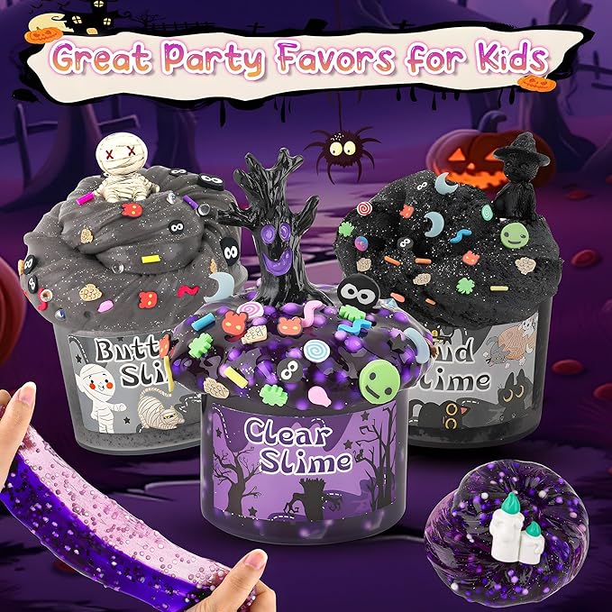 LAWOHO 6 Packs Halloween Slime Kit - Cloud, Butter & Clear Slime, Slime for Kids with Spooky Slimes Add-ins, Slime Kit for Boys & Girls Birthday Halloween Party Favors Christmas Easter Gifts