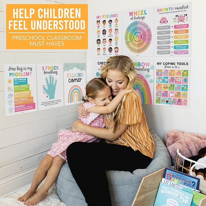 Hadley Designs 9 Calming Corner Posters For Classroom Must Haves For Teachers - 11x14 Calm Down Corner Supplies, Feelings Chart For Kids Ages 4-8, Feelings Wheel Poster, Pastel Classroom Decor