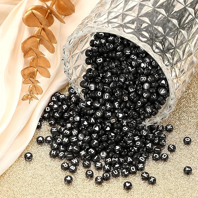 Letter Beads, DECYOOL Acrylic Alphabet Beads with 1 Roll Elastic String for Bracelet Necklace Jewelry Making Supplies (Black White)