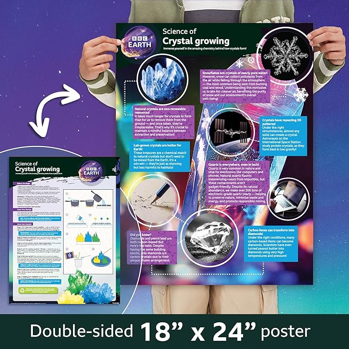 BBC Earth Science of Crystal Growing, Grow 3 Dazzling Crystals, Includes Display Case, Powdered Paints, Learning Guide, Crystal Growing Kit, STEM Toys, Kids Science Kit, STEM Kits For Kids Age 12-14