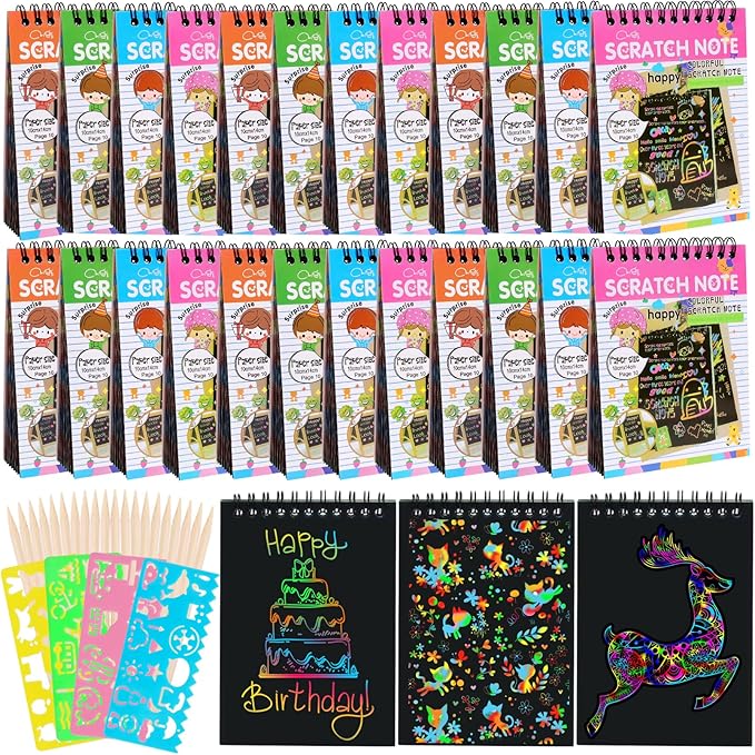 24 Pack Rainbow Scratch Notebook,Scratch Paper Art for Kids,Scratch Note Pads,Scratch Paper Rainbow Party Favors with 24 Wooden Stylus & 4 Drawing Stencil for Girls Boys Art Party Supplies