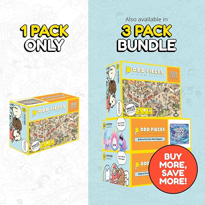 Odd Pieces Jigsaw Puzzles 1000 Pieces - Magic Mystery Story Secret Ending Puzzle - Perfect Game Night for Adults & Kids - Cat Dog Cartoon Theme (Snack Attack)