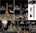 Rainbow Scratch Art Painting Paper (A4) for Adult & Kids, Night View Scratchboard, Engraving Art Set: 4 Sheets Scratch Cards & Clean Brush, Drawing Pen (Eiffel Tower/Big Ben/Moscow/Burj Khalifa)