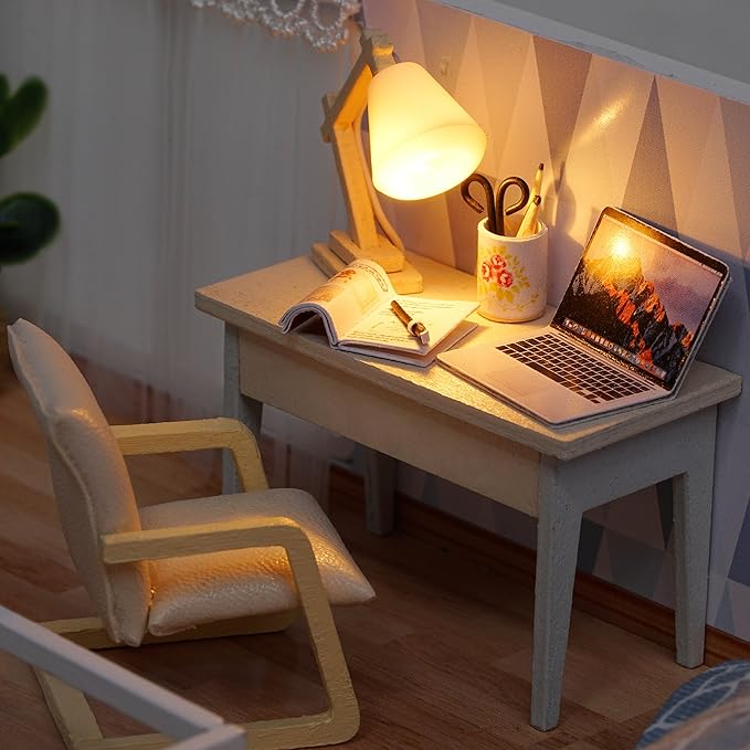 CUTEROOM DIY Miniature Dollhouse Kit with Furniture,Wooden Doll House Plus Music Movement & LED Lights, DIY House Kit for Christmas Birthday- Blue Times