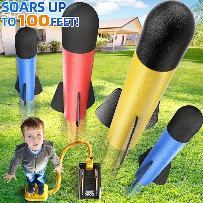 Rocket Toy Car Launcher, 2 Race Car and 6 Foam Rockets, Outdoor Outside Backyard Toys for Boys & Girls, Birthday Gift Toys for Kids Boys Girls Age 3 4 5 6 7 8 Years Old