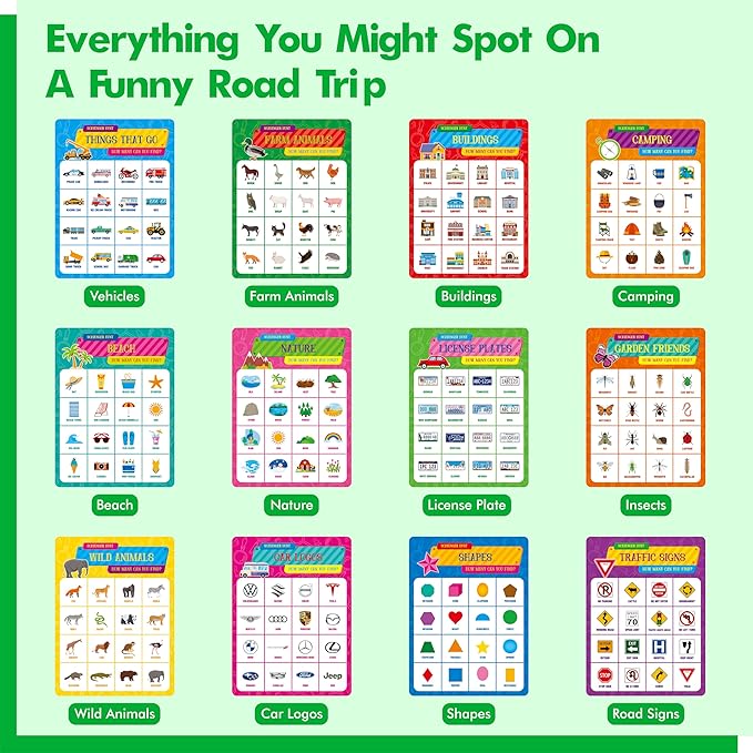 Road Trip Bingo Game, 30 Double-Sided Game Boards (Animal, Holiday, Building, Vehicle Themes), Dry-Erase Scavenger Hunt Bingo Games for Road Trip, Car Travel, Outdoor Activities for Kid, Adult
