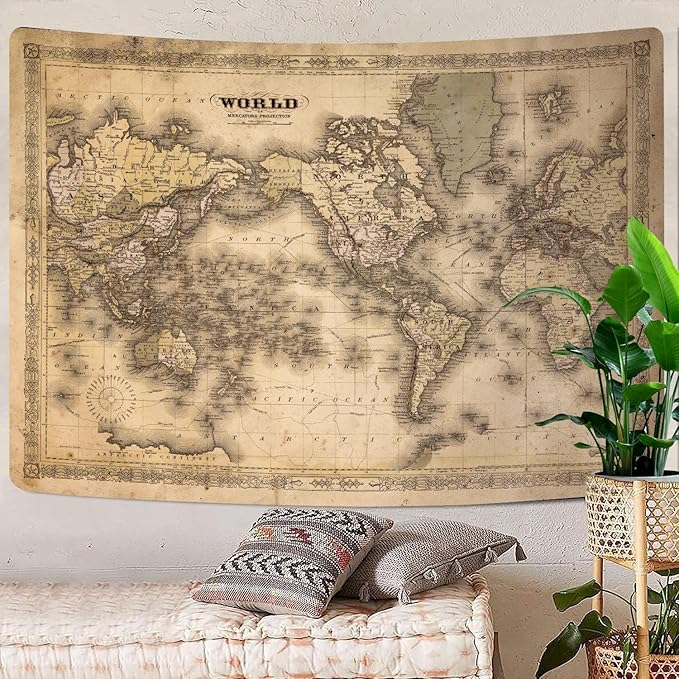 GOAOK Retro Vintage Map World Map Tapestry, 90"x70", Polyester, Wall Mount, Bedroom & Office