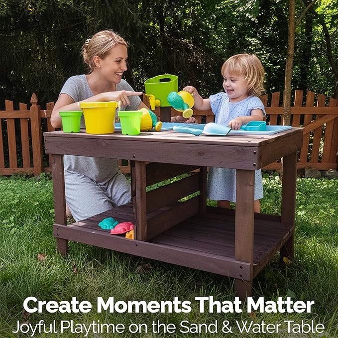 WONKAWOO Sand and Water Table for Toddlers | Outdoor Wooden Sensory Sand Table with 2 Plastic Bins, Built-in Water Tap and Beach Toys Included | Sand & Splash Oasis™ Standing Play Activity Table