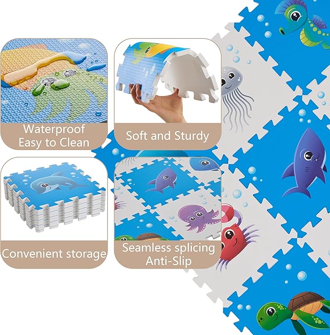 Puzzle Play Mat, Foam Floor Tiles, Children’s Foam Puzzle Mat Baby Floor Play Mat 34×34 Inches Sea World 9 Pieces