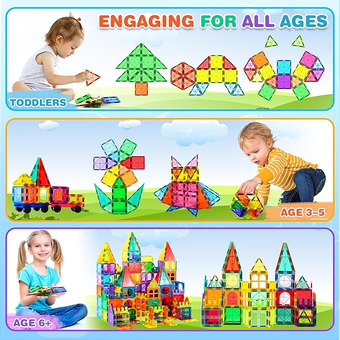 Magnetic Tiles, 135PCS Magnetic Building Blocks with 2 Cars, Large Magnet Building Set,STEM Sensory Educational Toys Gift for Toddlers Kids Boys Girls.