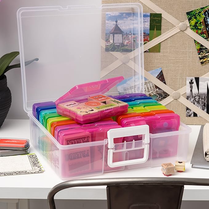IRIS USA 4" x 6" Photo Storage Box Craft Keeper, Transparent Handle Container with 16 Organization Holder Cases for Pictures, Tasks, Scrapbooking, Stationery Storage, Multi-Color/Clear