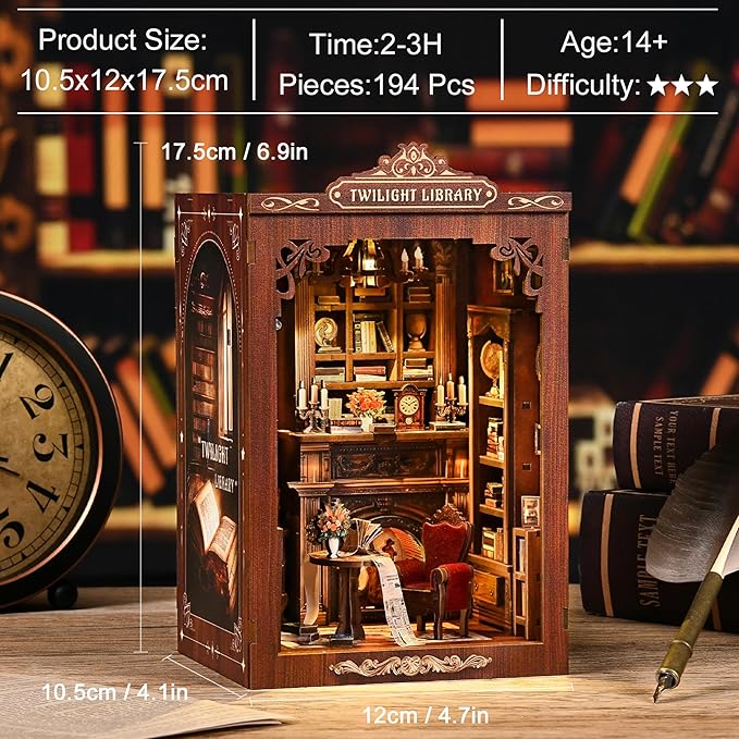ISSEVE Book Nook Kit, DIY Miniature House Kit for Adults Teen Beginners, Dollhouse Mini Booknook Kits, Tiny House Bookshelf Decoration, 3D Wooden Puzzles Crafts Gifts (Twilight Library)