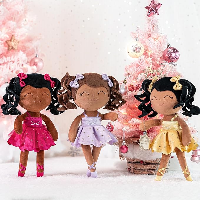 Gloveleya Baby Dolls Soft Snuggly Curly Hair Ballerina Doll First Baby Girl Gifts Plush Tanned Ballet Doll with Lace Mesh Dress Golden 14inches Ballerina Series