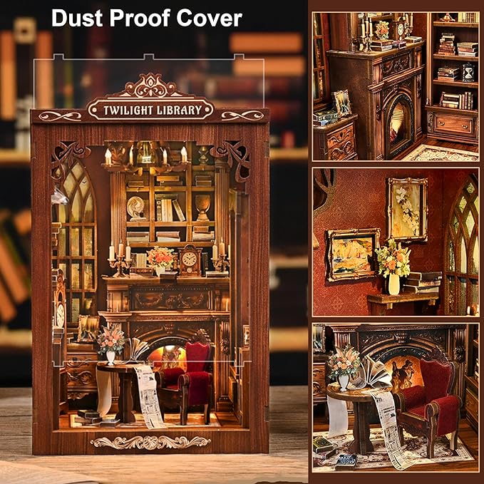 ISSEVE Book Nook Kit, DIY Miniature House Kit for Adults Teen Beginners, Dollhouse Mini Booknook Kits, Tiny House Bookshelf Decoration, 3D Wooden Puzzles Crafts Gifts (Twilight Library)