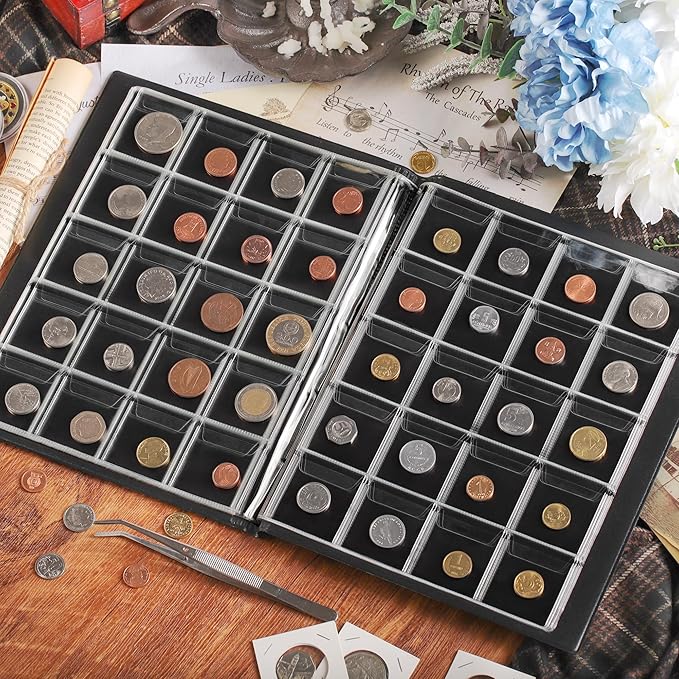 200 Pockets Coin Albums - 45x45 mm/1.8x1.8 inch Pocket Green Coin Book 10 Pages Coin Collection Holder Letter Size Coin Storage Book CS0220GR