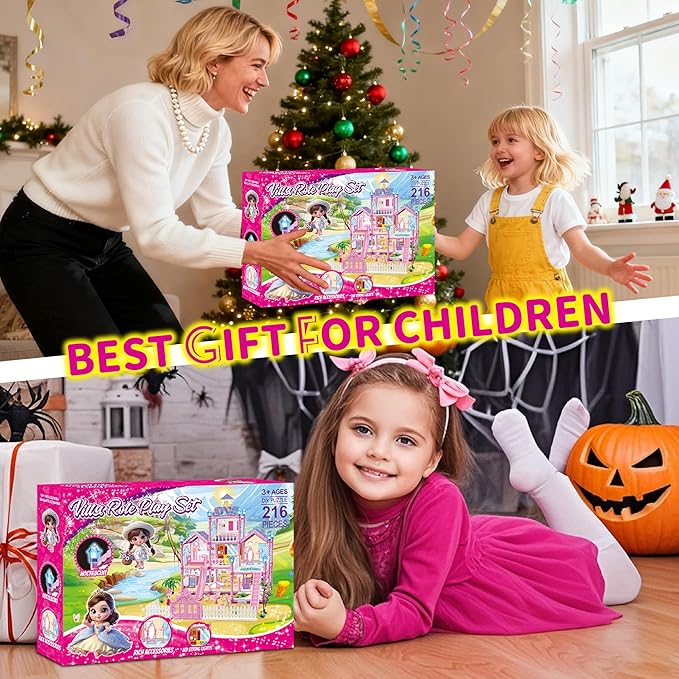 Doll House for Girl with 1 Princess, 2 Floors -4 Rooms, 131 Accessories Includes Dog and Furnitures, Design and Build Gift for 3 4 5 6 7 8+ Year Old Girls (Pink)