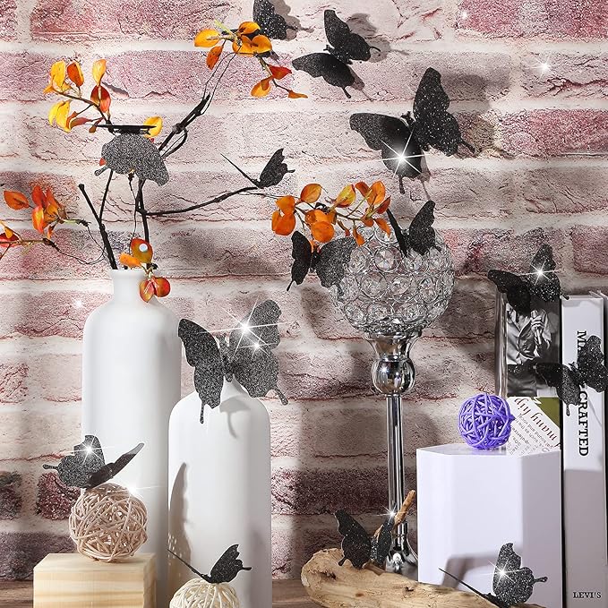 BBTO 48 Pieces Butterfly Wall Decor DIY Mirror 3D Butterfly Stickers Removable Decals for Home Bedroom School Bathroom Living Room Decor(Glitter Black)