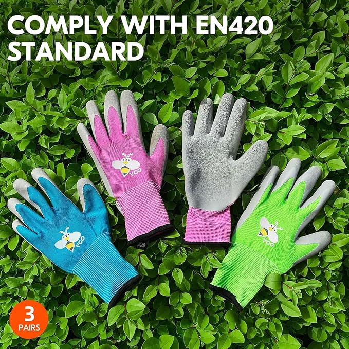 Vgo... 3-Pairs Age 7-9 Kids Gardening Gloves, Children Yard Work Gloves, Soft Safety Rubber Gloves (XS, KID-RB6013)