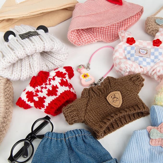 17cm Design Clothes for Labubu - Kawaii Chic Style Set for 17cm Dolls, Cute Doll Outfit with Accessories - Colorful T-Shirt + Star Light Blue Romper + Oatmeal Hat (Clothes Only)