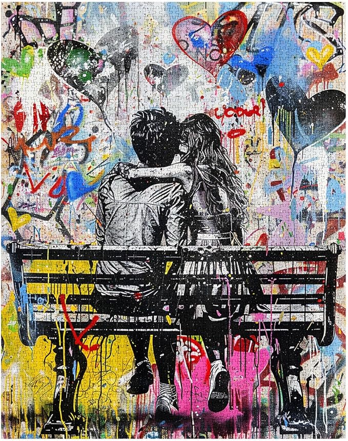 Tucocoo Banksy Graffiti Jigsaw Puzzles for Adults 1000 Pieces, Couple Lovers Sitting on Bench Jigsaw Puzzle 20x 27 Inch Colorful DIY Puzzles for Home Decoration, Family Puzzle Perfect for Game Nights