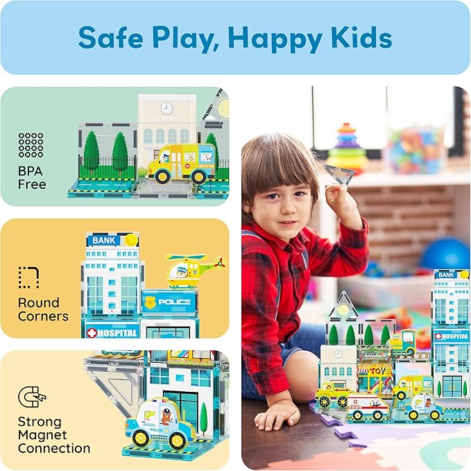 PicassoTiles Metro City Hospital Magnetic Tile Building Set with 8 Vehicles and Figures Educational Magnet Blocks Construction for Kids Age 3 Plus STEM Role Play Town Imagination Learning Toy PTQ14