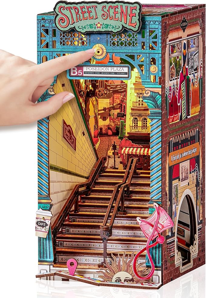 Rolife DIY Book Nook Kits Sunset Street Scene, Endless Stairs Bookshelf Decor 3D Wooden Puzzles for Adults, DIY Miniature House Model Building Kits, DIY Crafts/Birthday Gifts for Teens & Book Lovers